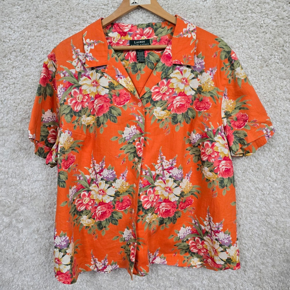 Lauren Ralph Lauren Floral Shirt Womens 3X Orange 100% Linen Button Up Tropical